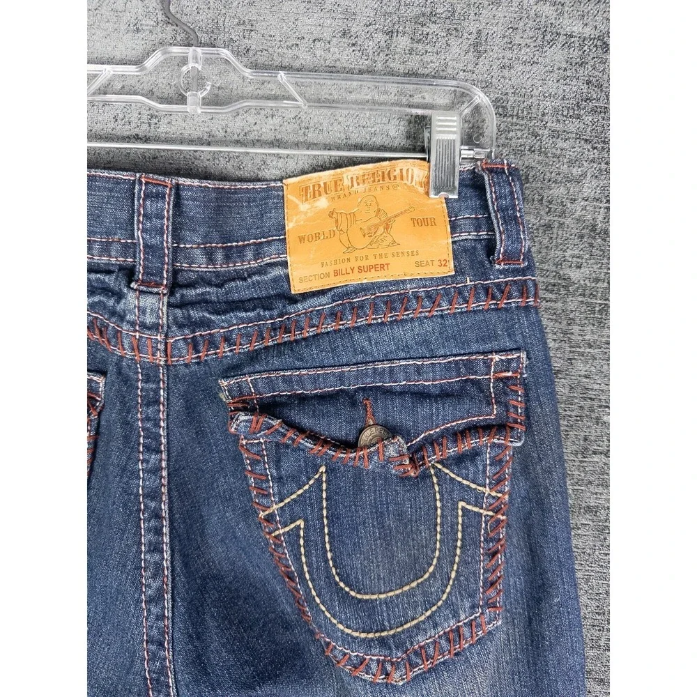 VTG True Religion Mens Billy Super T Jeans 32X33 Dark Wash Embroidered Flap Fade